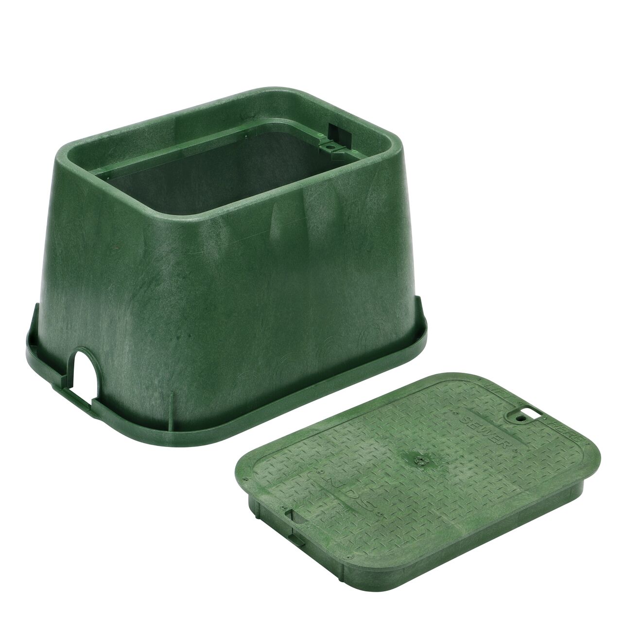 Unassembled View of the NDS 14 in. X 19 in. Green Rectangular Standard Series valve box and Green Sewer overlapping cover (NDS 114BCS)