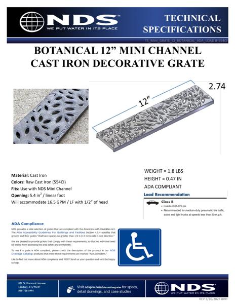 NDS Mini™ Channel Drain Grate Cast Iron Decorative Botanical Design Tech Spec