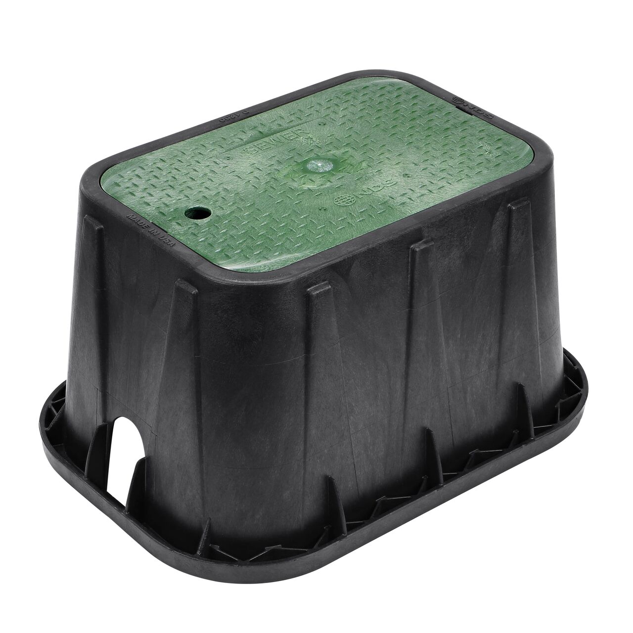 The NDS 14 in. X 19 in. Rectangular Standard Series Meter Box and Cover is a 12 in. high Black Box and Green Cover with Sewer markings on the Drop-in lid (NDS D1200-DISGSWR) and protects underground irrigation and sprinkler system components and keeps them out of sight