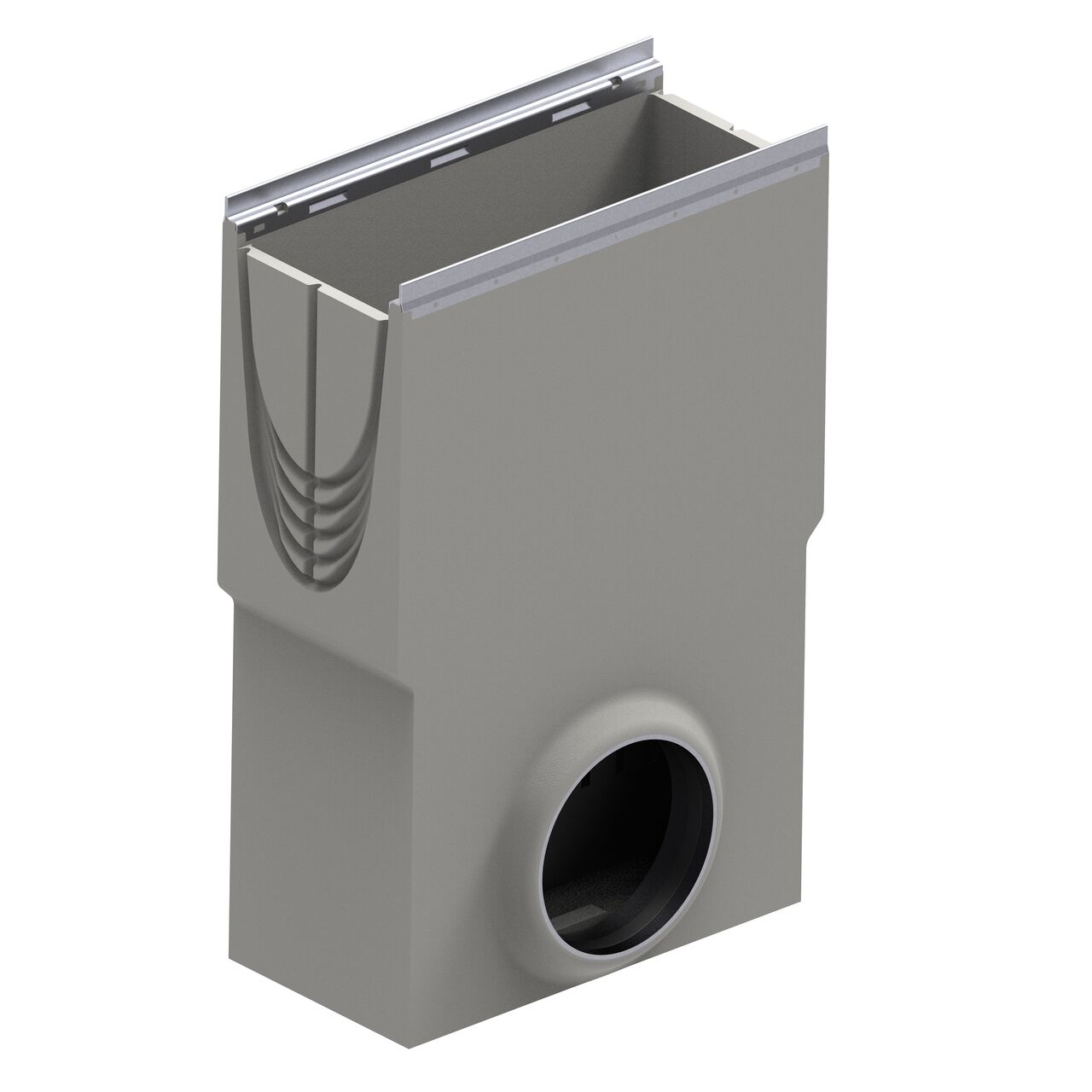 The 8 in. wide BG-FILCOTEN® by NDS® 200 Trench Drain Inline Catch Basin Kit with 1-outlet and trash bucket collects debris