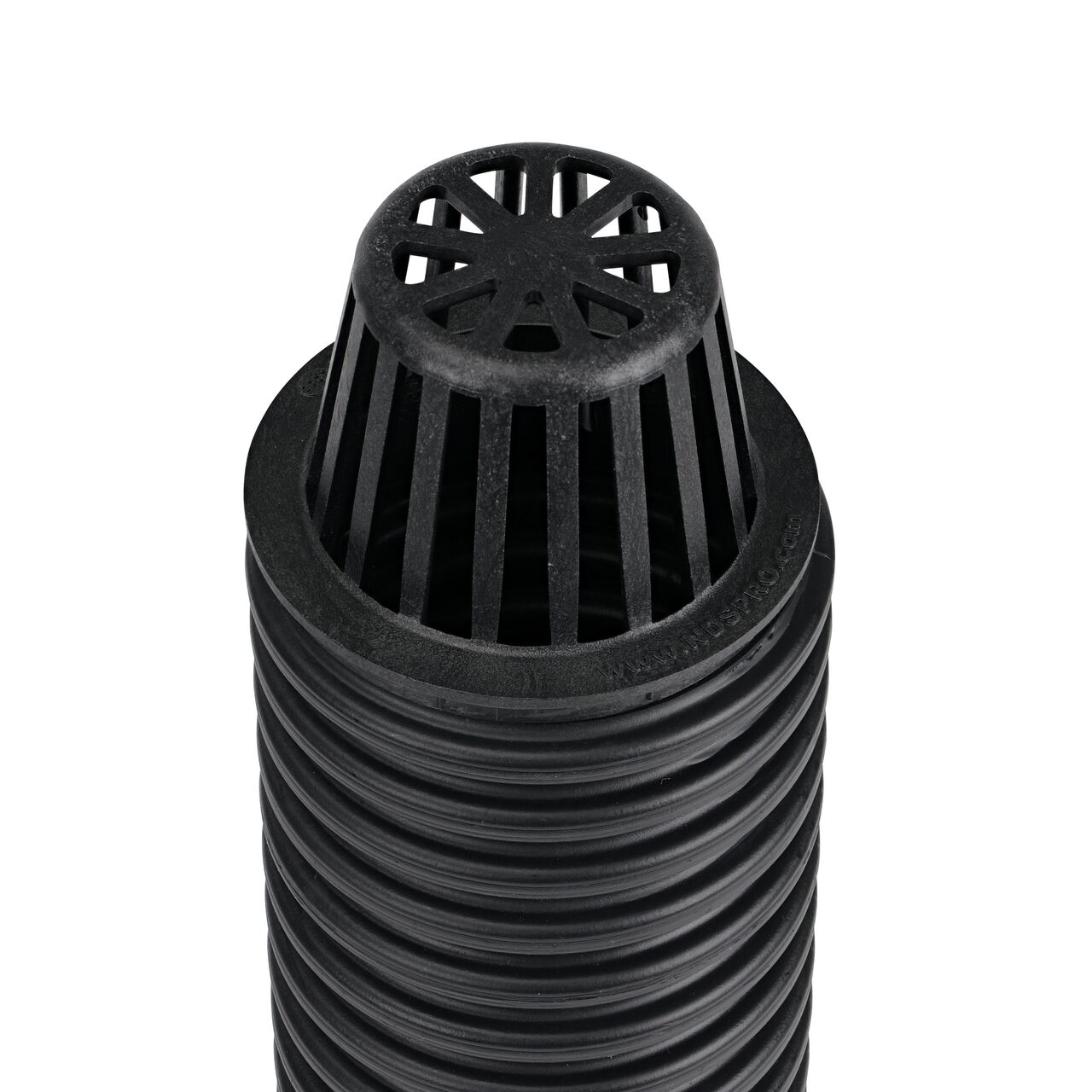 Bottom view of NDS  5 in. Pro Series Channel Drain featuring side ribs, stabilizing ribs, and built-in saw guide (NDS 864G*, NDS M864G, NDS 864GMTLRTL, NDS 864, NDS 800)