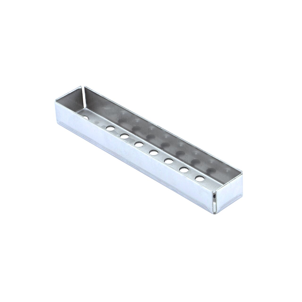 Angled view of the bottom of the Stainless Steel Perforated Design Dura Slope™ Channel Drain EZ-Track™ Radius Coupling Grate (NDS DS-226MG)