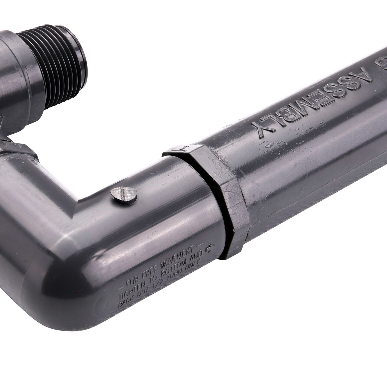 Closeup view of the NDS PVC Triple Swing Joints Assembly, Sch. 80 3/4 in. MPT shows a rotating elbow that is ideal for placing sprinklers in narrow or uneven areas that the pipeline can’t reach (NDS TSA-0750-TT)