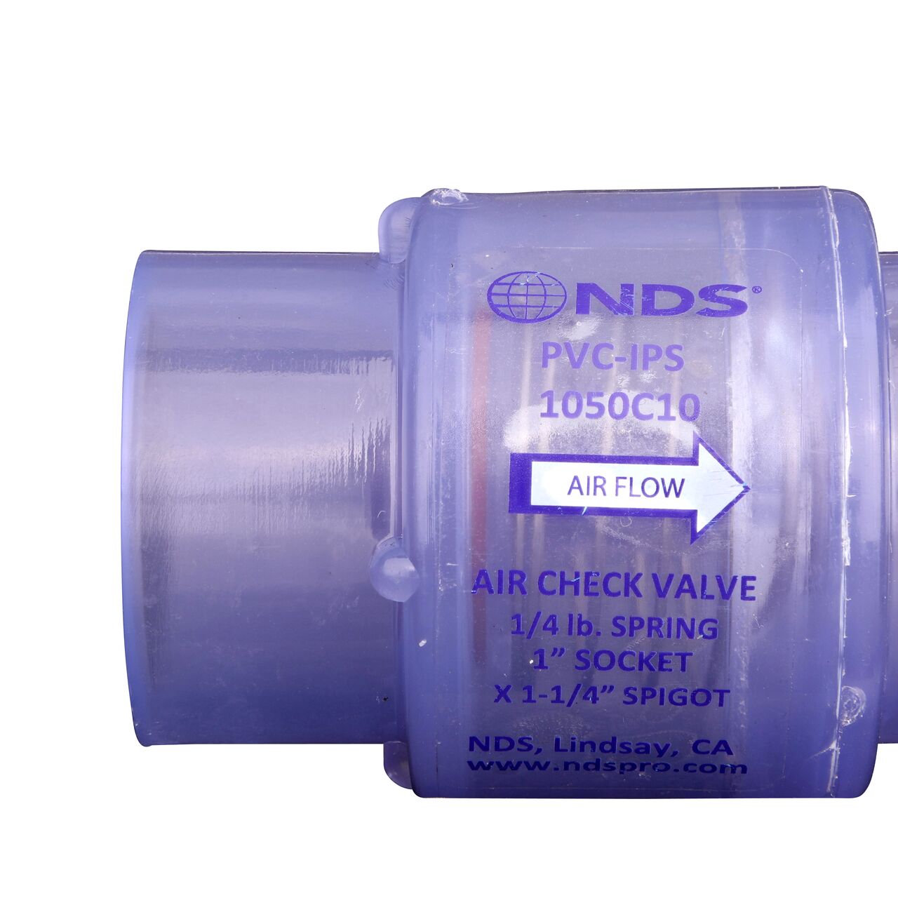 Closeup of the arrow showing water flow on the NDS Clear 1 in. slip end by 1-1/4 spigot end PVC Air Check Valve (NDS 1050C10)
