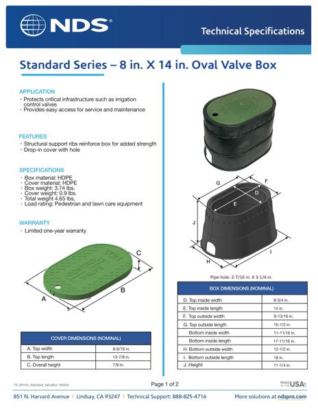 NDS 8 in. X 14 in. Oval Standard Series Black Valve Box and Green Control Drop-in Cover Tech Spec