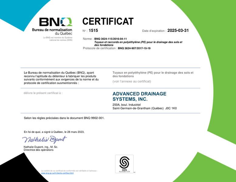 BNQ 3624-115 Polyethylene Pipe and Fittings CERTIFICATE
