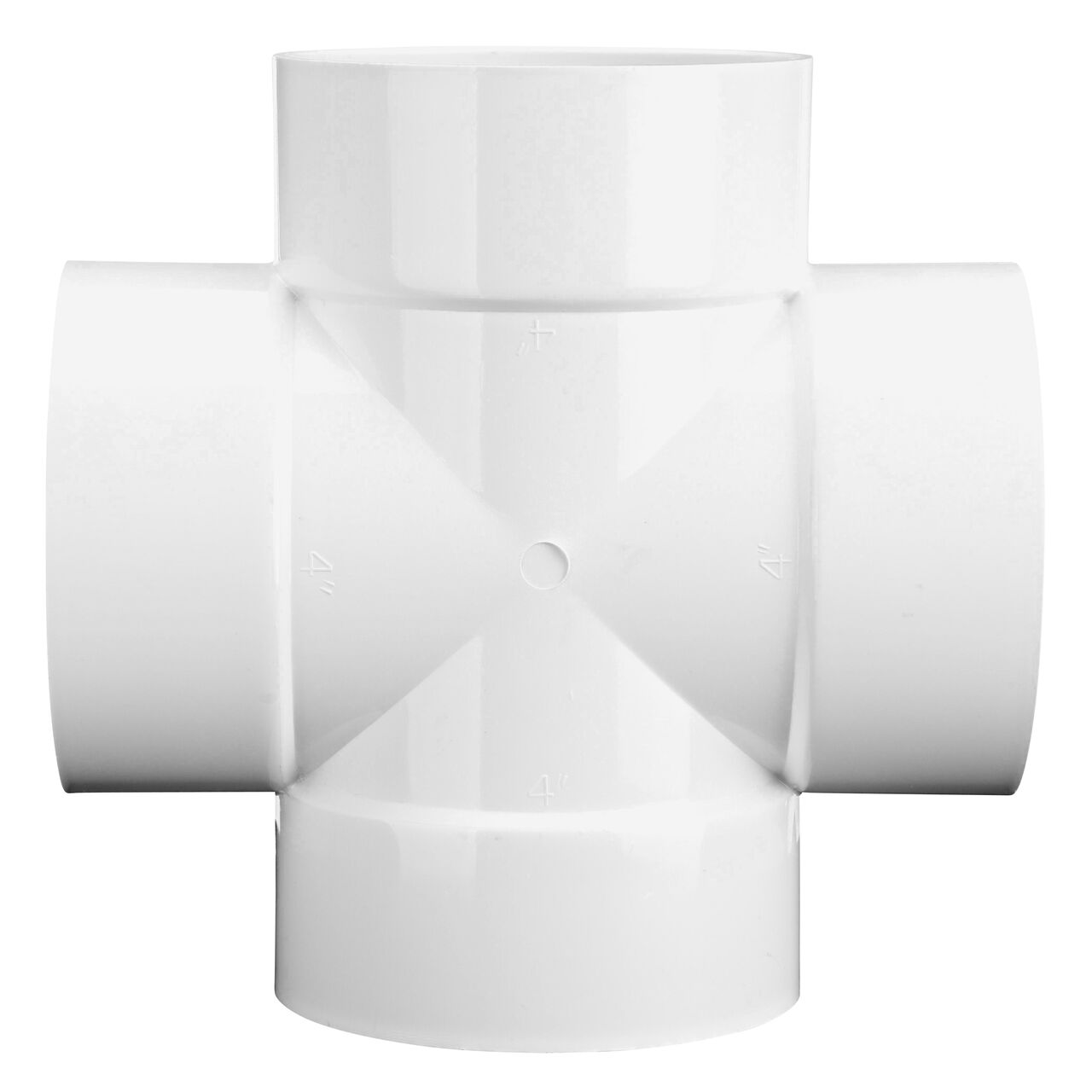 Side view of the 4 in. PVC Cross with S&D Hub connection points (NDS 4P1X)