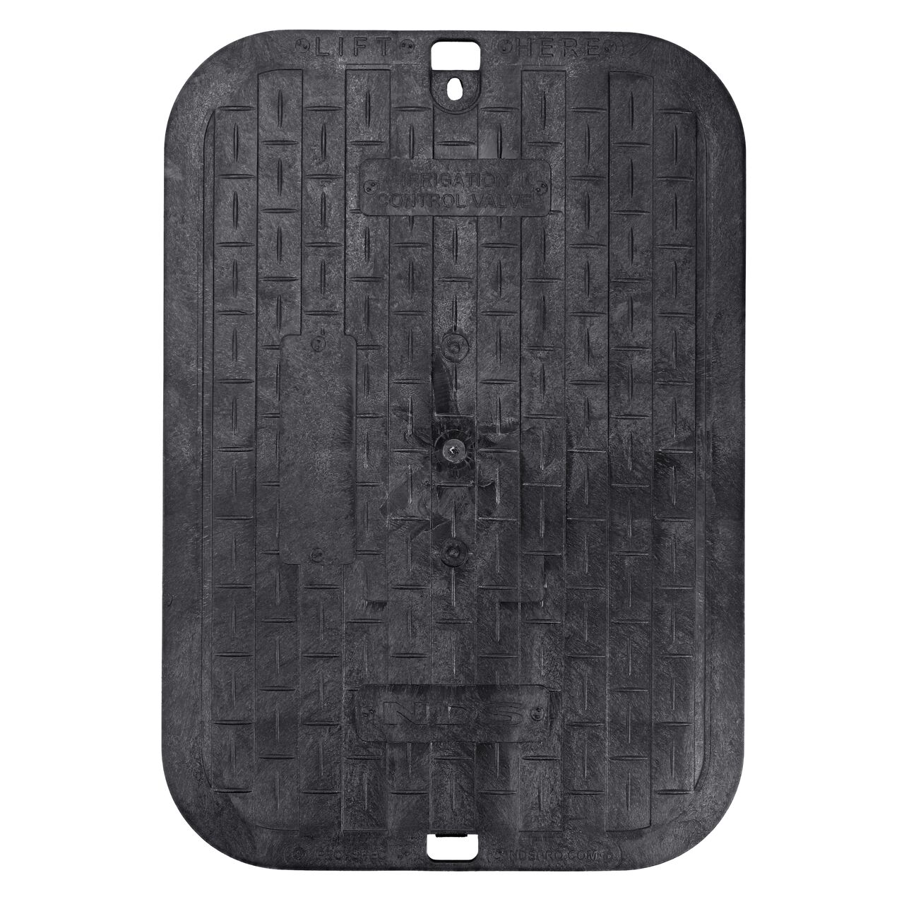 Top down view of the top side of the Black Irrigation Control Valve cover for the NDS 13 in. X 20 in. Rectangular Pro-Spec® Series (NDS 317BCBBLK) shows markings for easy identification
