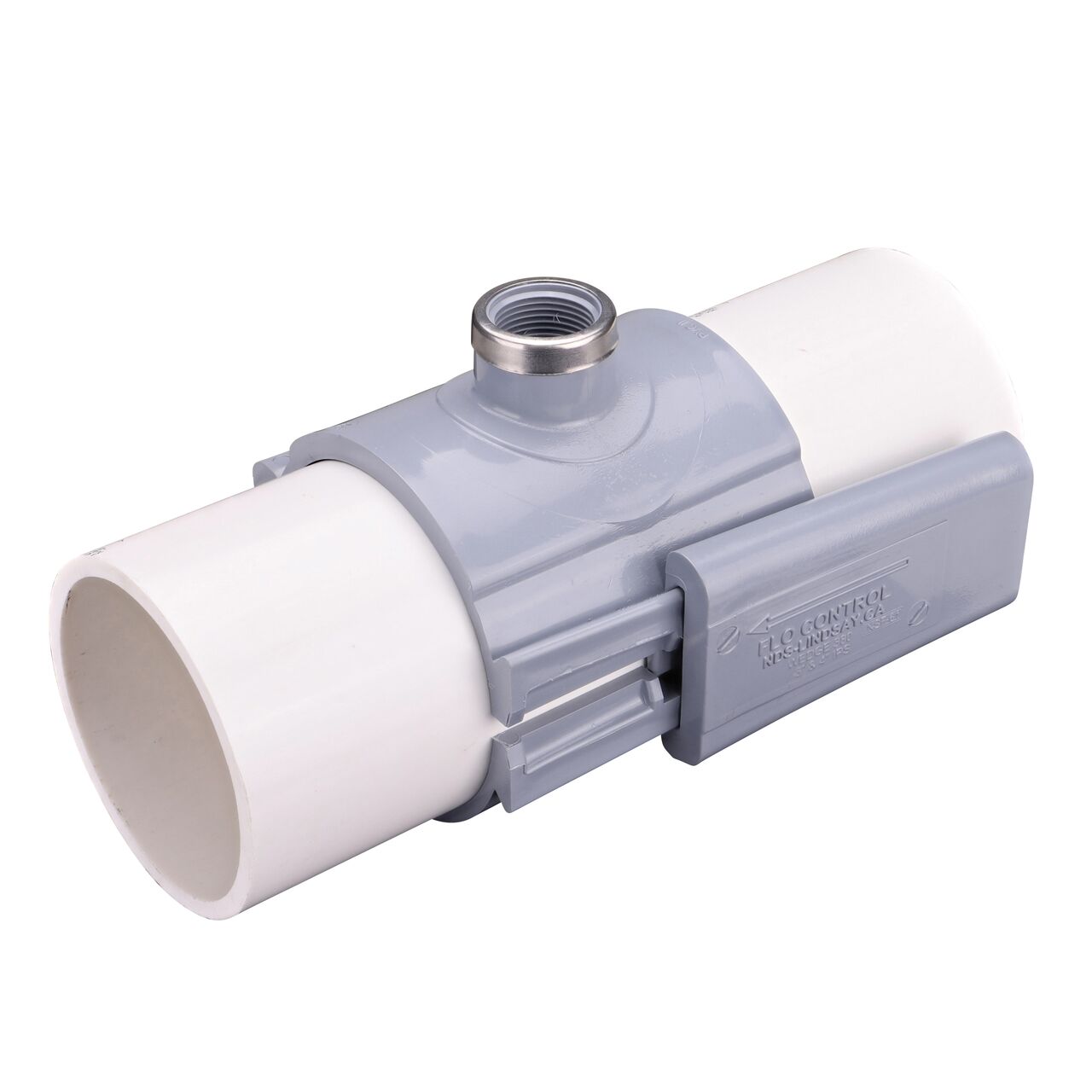 The NDS Clamp-It™ Rigid PVC Saddle with 1 in. FPT connection on top (NDS 444010) installed onto 4 in. PVC pipe with the wedge closure half-way secure