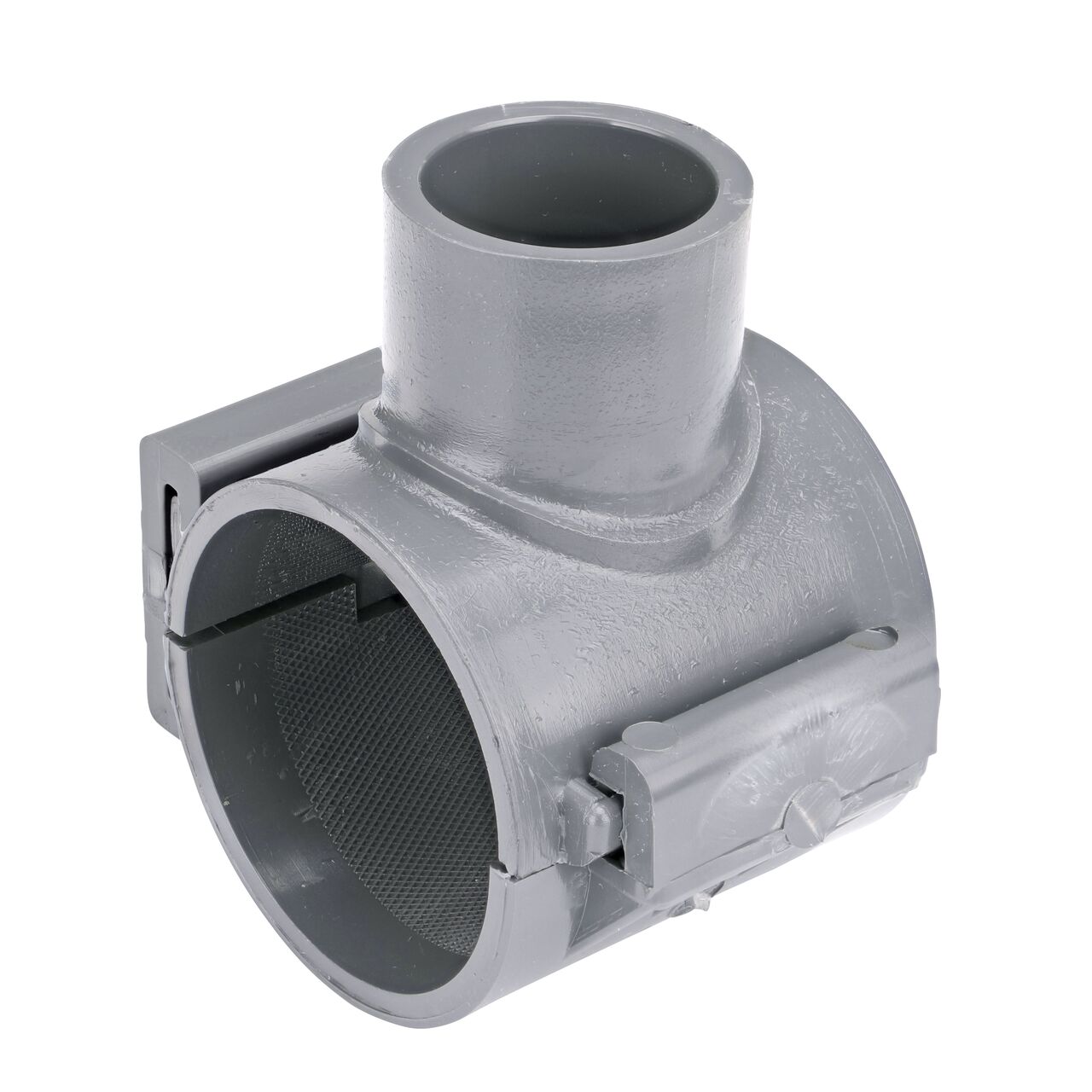 The NDS Clamp-It™ Rigid PVC Saddle for 2 in. PE pipe with 1 in. slip on top (NDS 332010P) has a patented wedge design on one side and hinges on the other to install a sprinkler irrigation system to the existing pipe without any bolts
