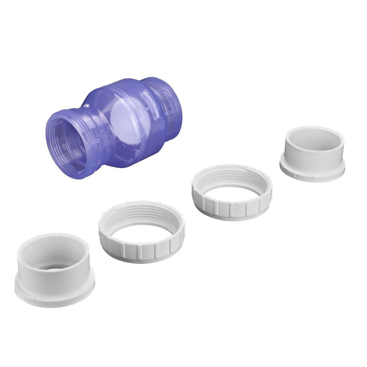 Unassembled view of the NDS Clear 3 in. IPS U X U PVC True Union Swing Check Valve (NDS 1720C30) where ends unscrew to remove for maintenance