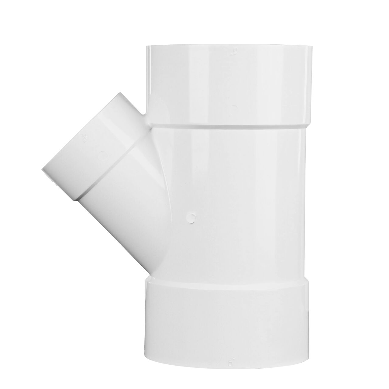 Side view of the NDS PVC 45 degree wye for Sewer and Drain pipes which has two 6 in. Hub connections on the ends and one 4 in. Hub connection in the middle (NDS 64P08, NDS L64P08)