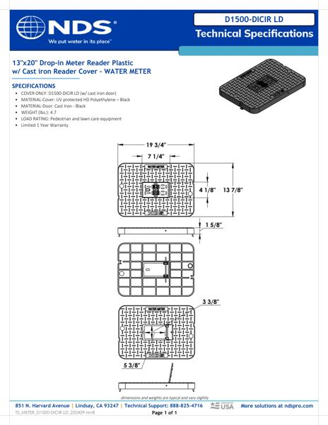 NDS 13 in. X 20 in. Rectangular D1500 Meter Box Drop-in Cover, Black Water Meter with Cast Iron Reader Tech Spec