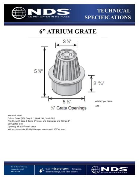 NDS 6 in. Atrium Plastic Grate, Fits Spee-D® Catch Basin Drain & 6 in. Drain Pipes & Fittings Tech Spec