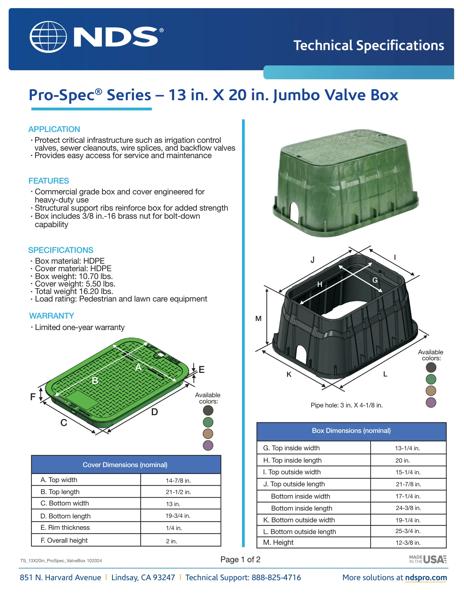 NDS 13 in. X 20 in. Rectangular Pro-Spec® Series Jumbo Valve Boxes & Covers Tech Spec