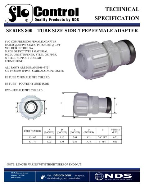 NDS Flo-Lock™ PVC Gripper Adapter for PE Pipe SIDR-7 FPT Tech Spec