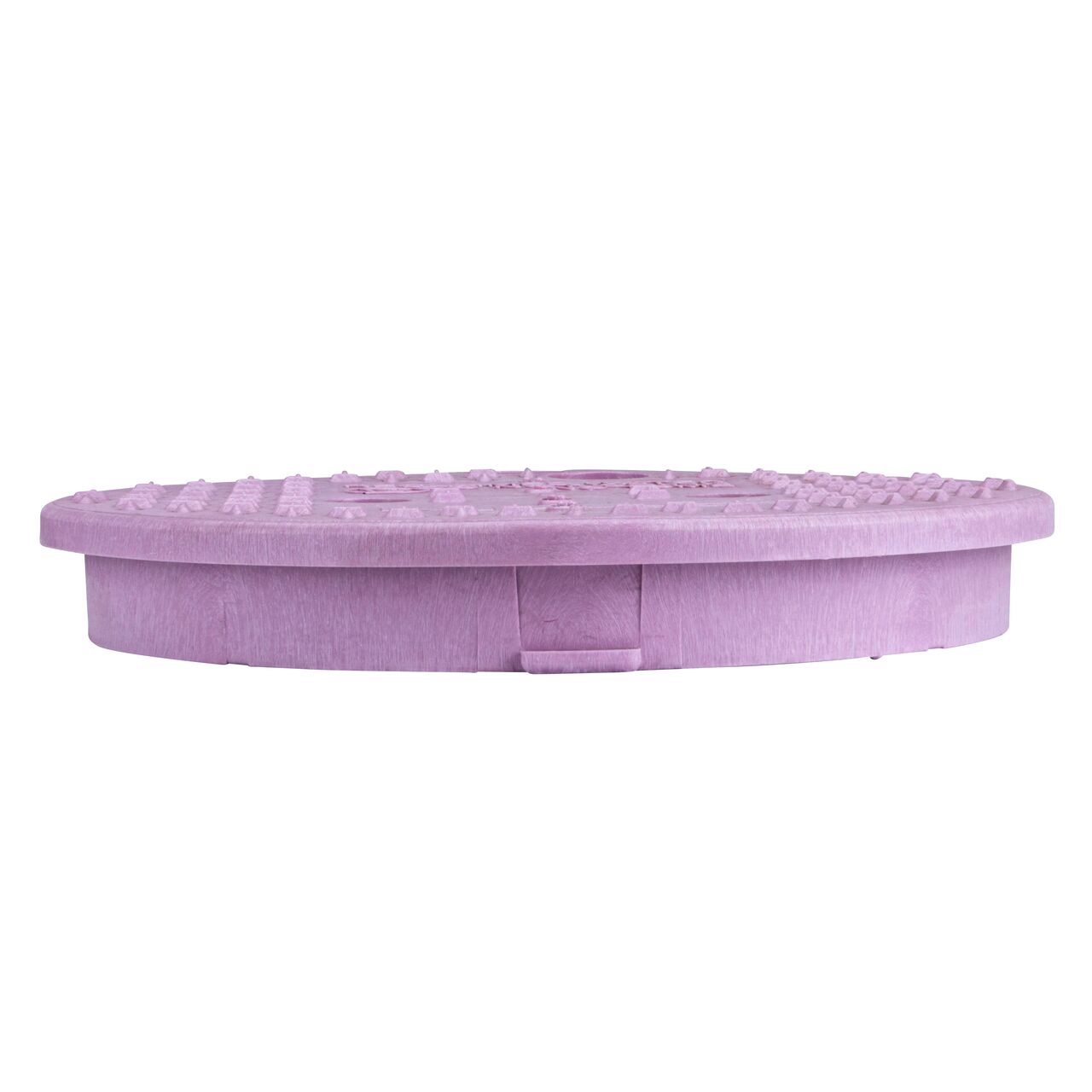 The NDS 10 in. Round Standard Series purple reclaimed water valve box cover (NDS 111CR) is an overlapping lid shown here from the side, that prevents dirt and debris from entering the valve box