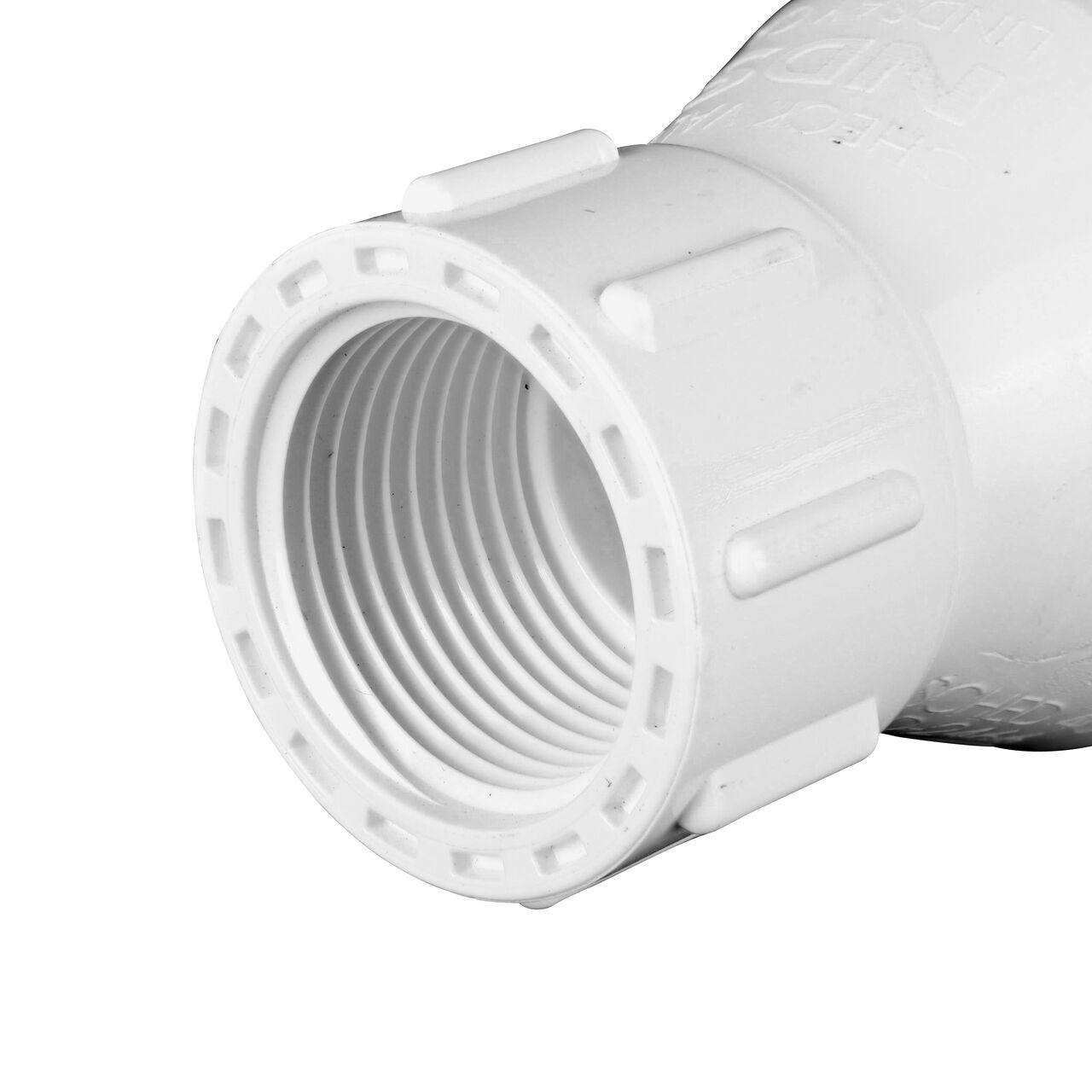 Closeup of the threaded end of the NDS 3/4 in. White PVC Spring Check Valve (NDS 1001-07, NDS 1002-07)