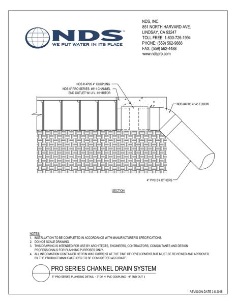 NDS 5 in. Pro Series™ Channel Drains 4in. End Outlet Connection Installation Detail