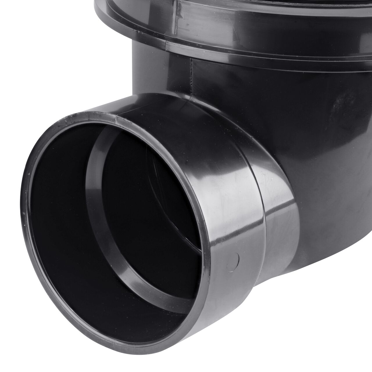 Closeup of the lower outlet end of the NDS Black 4 in. Backwater Valve (NDS 475)