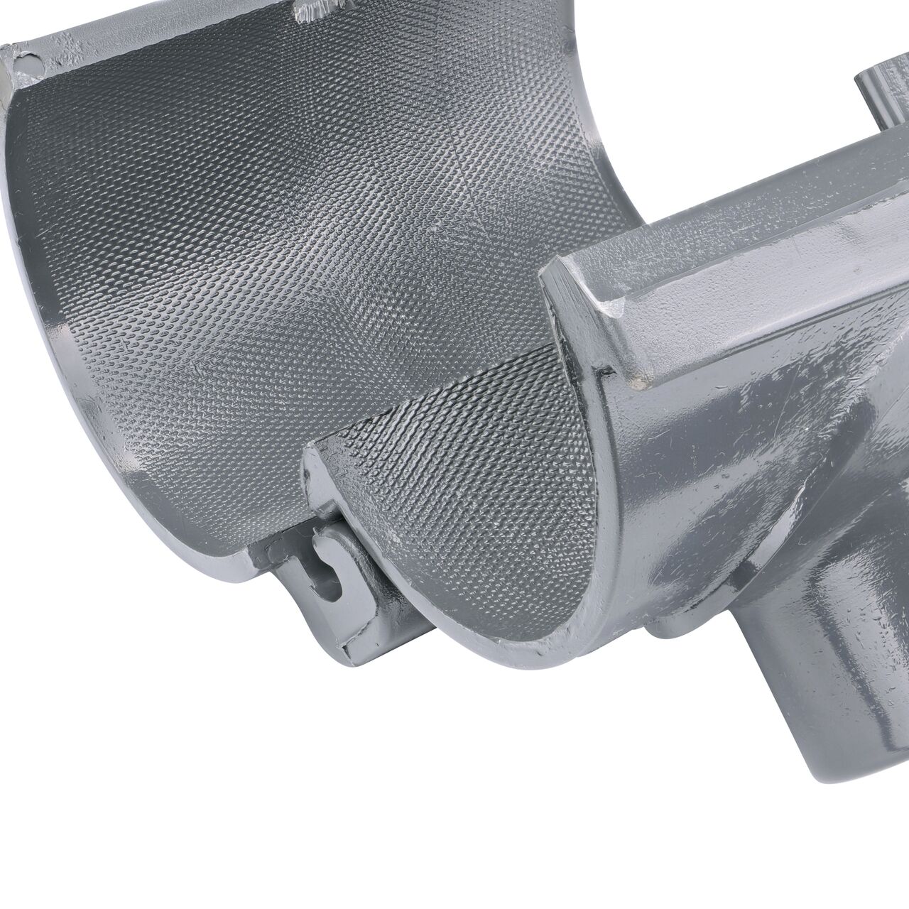 Closeup of the hinge open on the NDS Clamp-It™ Rigid PVC Saddle with 1-1/2 in. slip connection on top (NDS 453015) for 3 in. PVC pipe