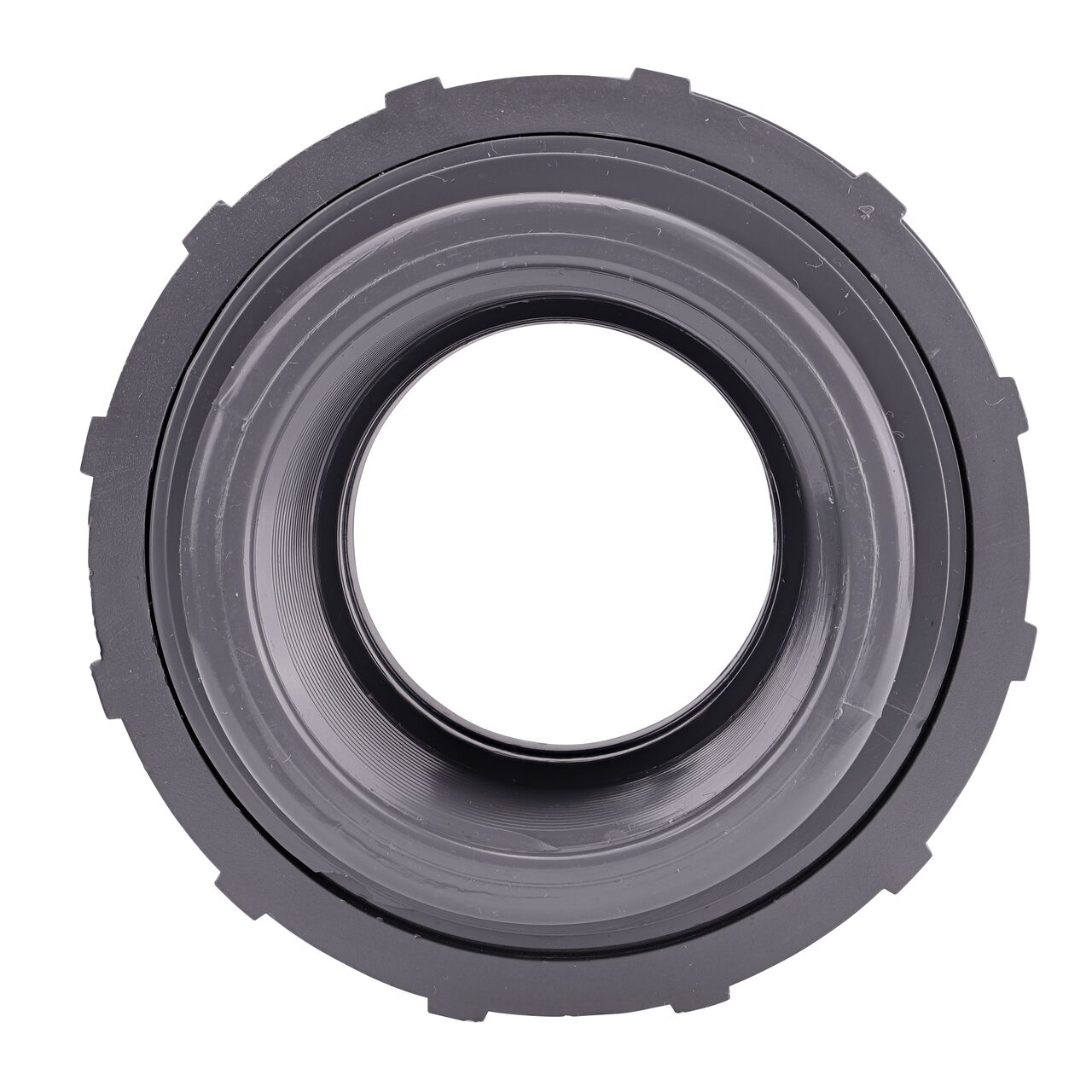 The inside of the threaded NDS 2 in. PVC Union which allows water to flow through while preventing leaks and made of durable PVC plastic (NDS U-2000-T)