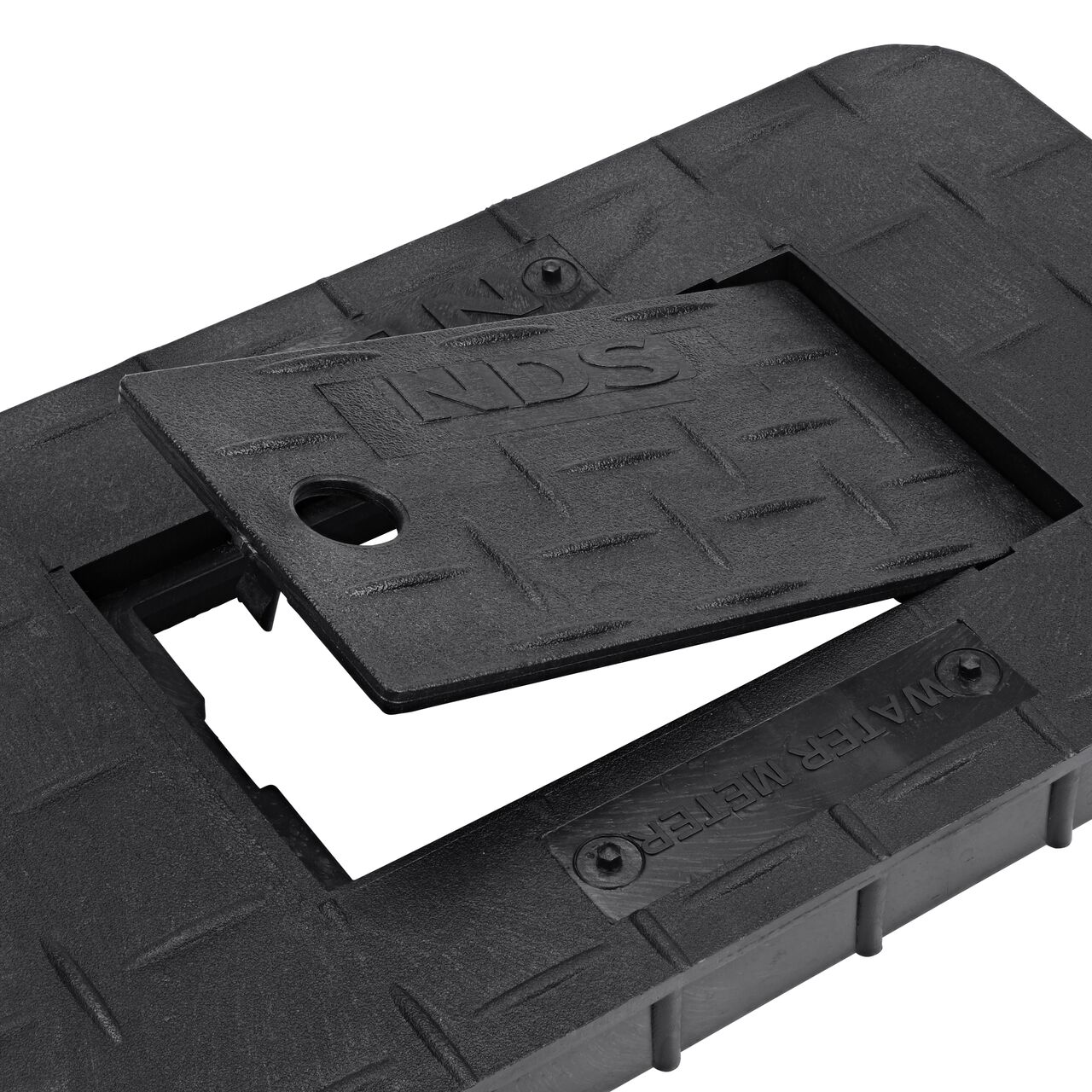 Closeup view of the plastic reader door opened with the finger hole on the Black Water Meter Drop-in cover (NDS D1000-RBL) for the NDS 10 in. X 15 in. Rectangular Standard Series Meter Box
