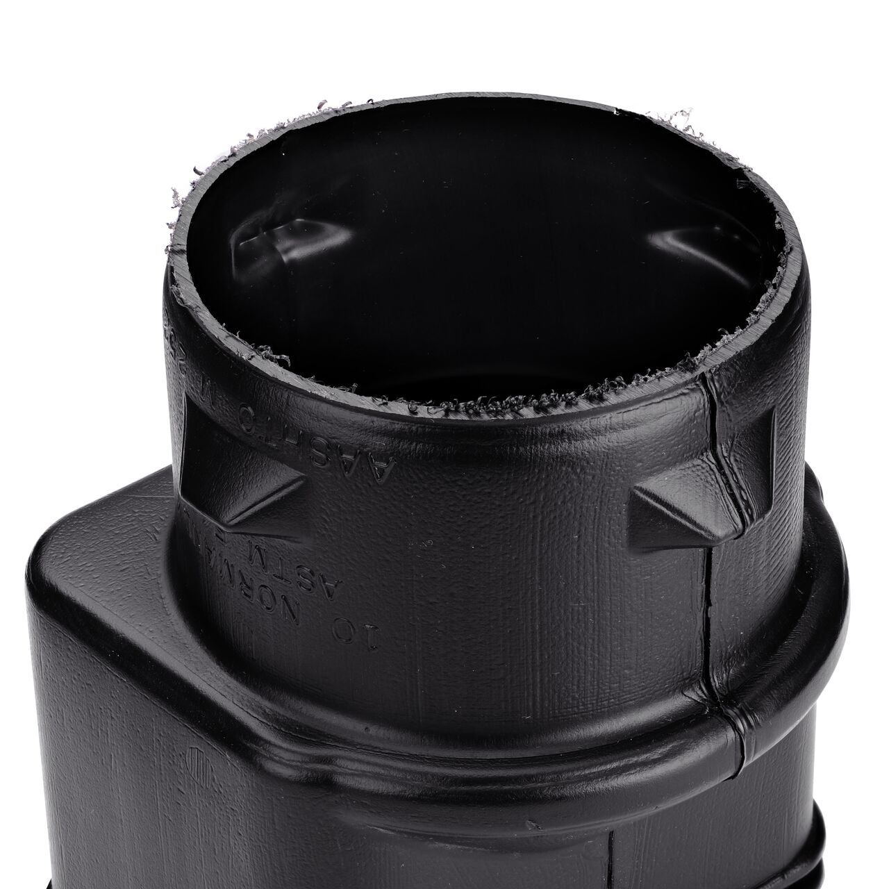 Closeup of the opening at the bottom of the High-Density Polyethylene Downspout Adapter transitions 3X4 in. Downspout to 4 in. Hub (NDS 344CDS)