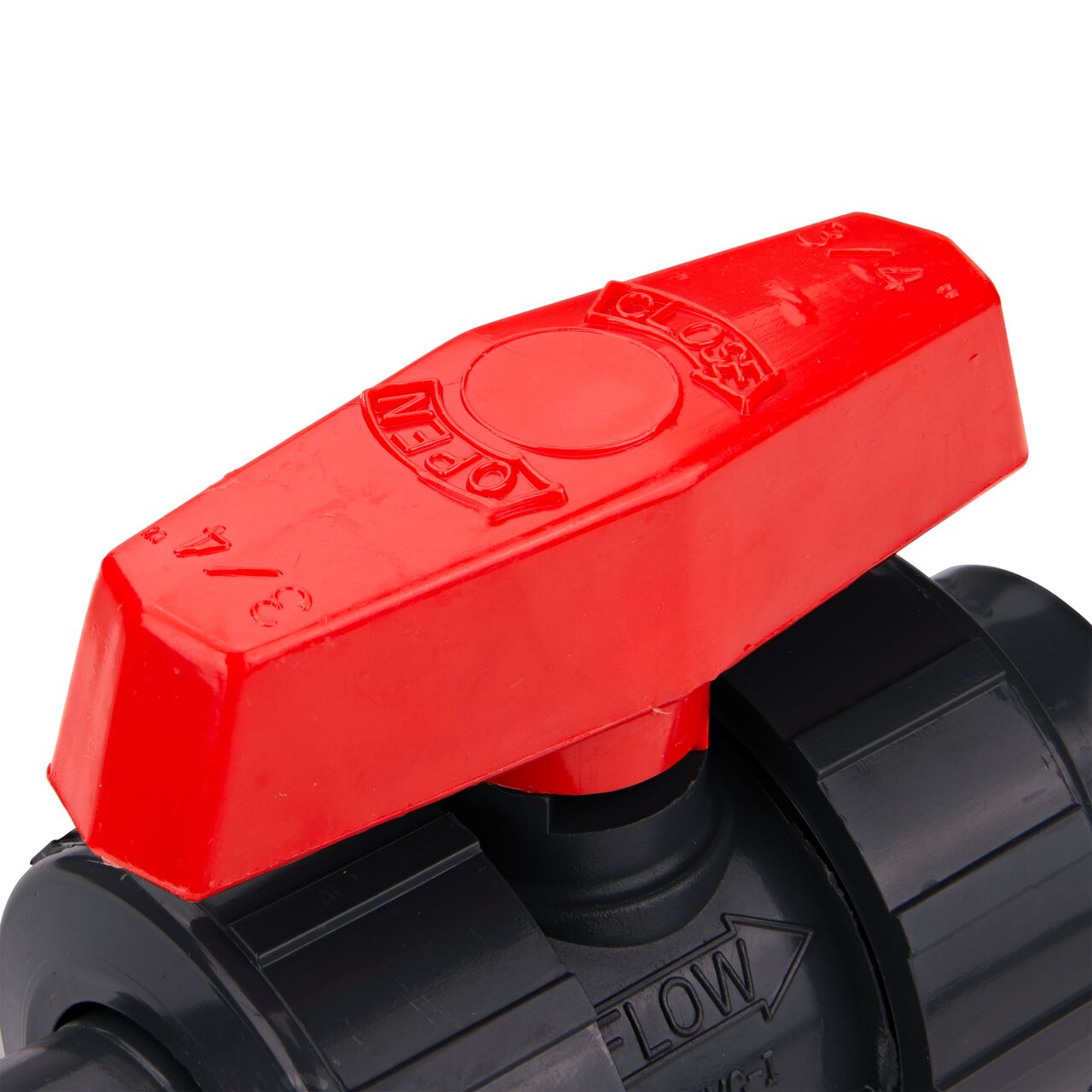 Closeup view of the easy to turn, two-sided handle on the 3/4 in. PVC Slip & Threaded True Union Ball Valve (NDS BTU-0750-E)