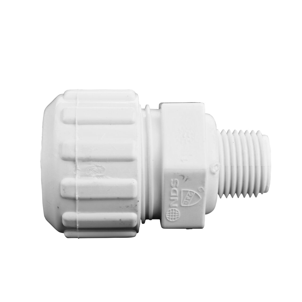 Side View of the NDS 1/2 in. Flo Lock Gripper Adapter (NDS 135-05) which transports water through pipes