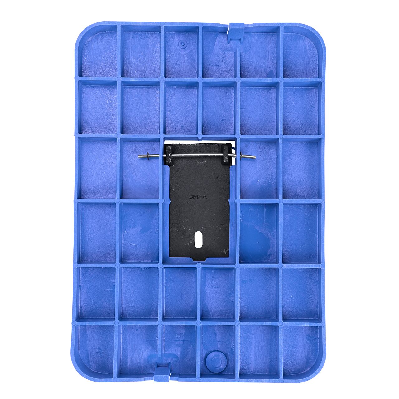 Top down view of the underside of the Blue Water Meter cover (NDS D1500-DICIRBLU) for the NDS 13 in. X 20 in. Rectangular Standard Series meter box showing reinforcing ribs that help support pedestrian and lawn care equipment and hinged Cast Iron reader door