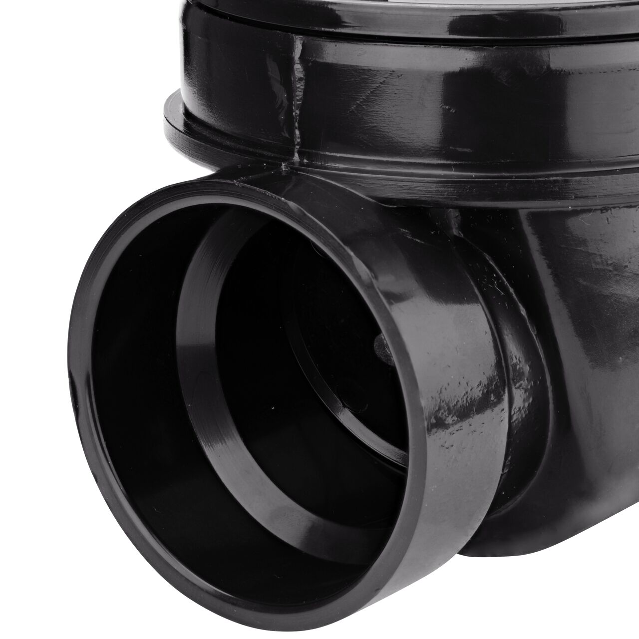 Closeup of the inlet end of the NDS Black 2 in. ABS Backwater Valve (NDS 275)