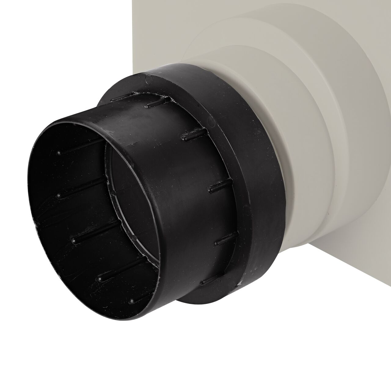 Closeup of the outlet opening of the NDS Light Gray 12 in. Pro Series Channel™ Drain End Cap/End Outlet (NDS 844)