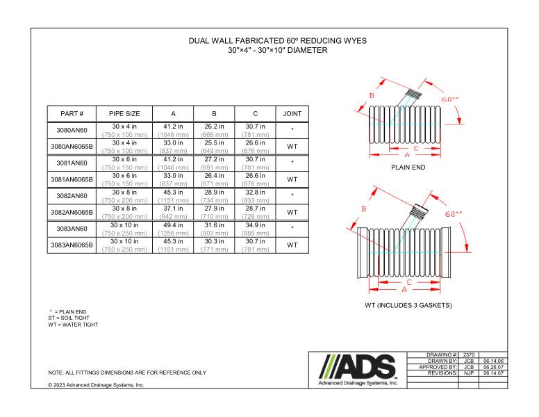 30" x 4" - 30" x 10" Fabricated 60 Degree Reducing Wye (HDPE Dual Wall Fabricated Wye Fittings)
