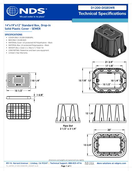 NDS 14 in. X 19 in. Rectangular D1200 Meter Box and Drop-in Cover, 12 in. Height, Black Box, Blue Sewer Cover Tech Spec
