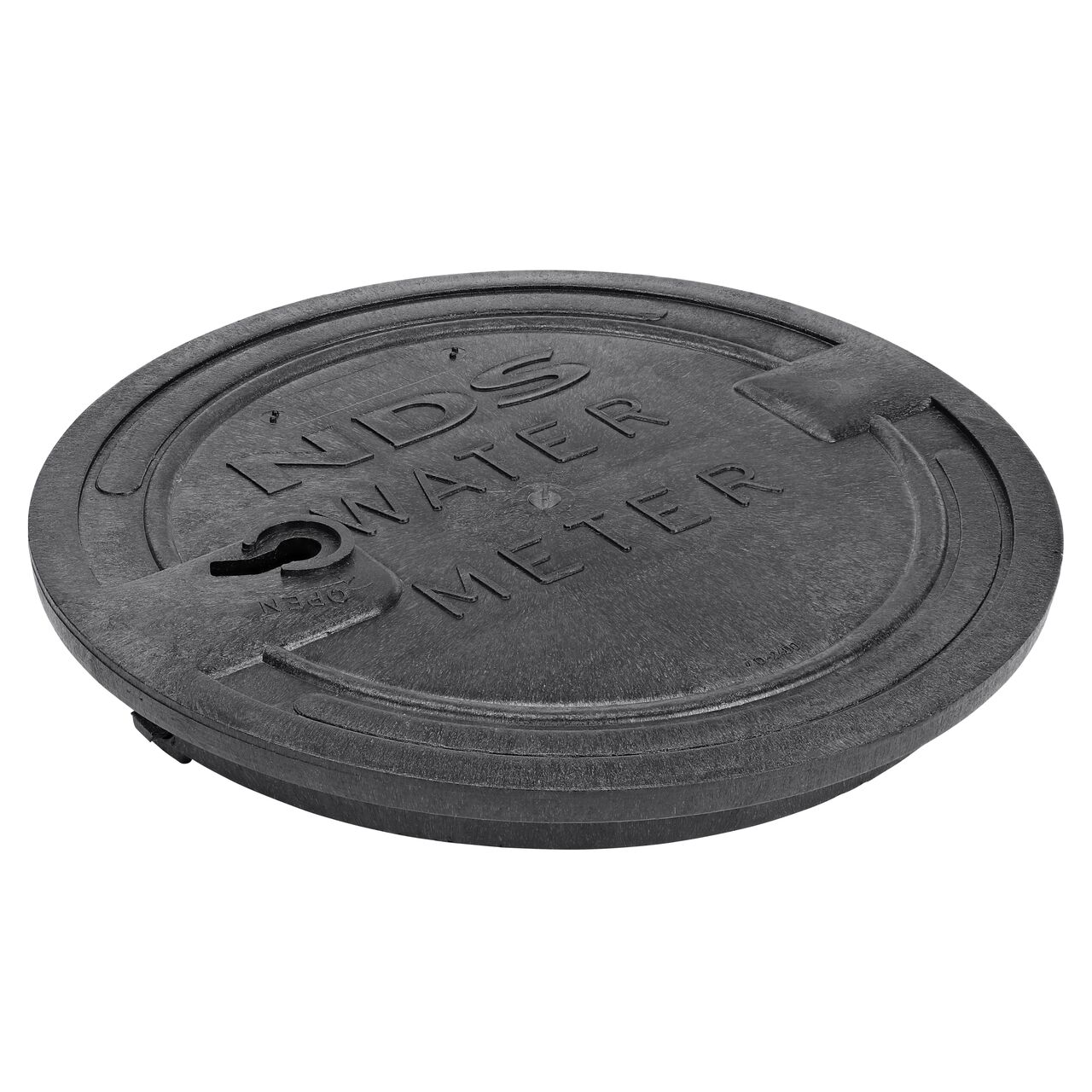 This NDS 16 in. Round Standard Series Meter Box Cover is a Black Drop-in Cover with Water Meter markings on the lid (NDS D2400-LOCSWBL) and fits NDS 16 in. Meter Pit Boxes
