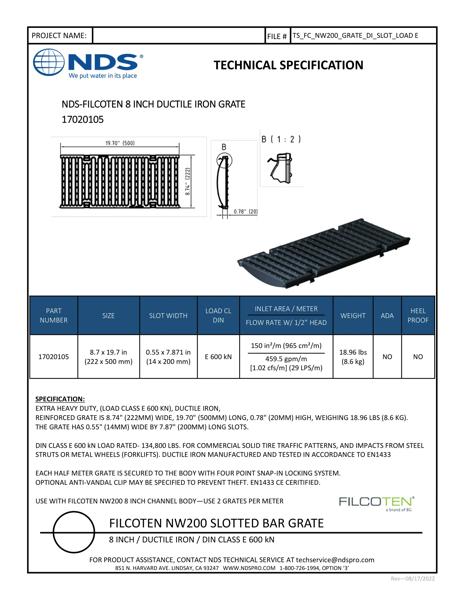NDS BG-FILCOTEN® 200 Trench Drain Grate Slotted Design Ductile Iron Tech Spec