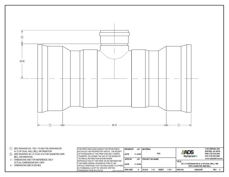 30 x 15 HP Tee with Gasketed SWR Bell Nyloplast Detail