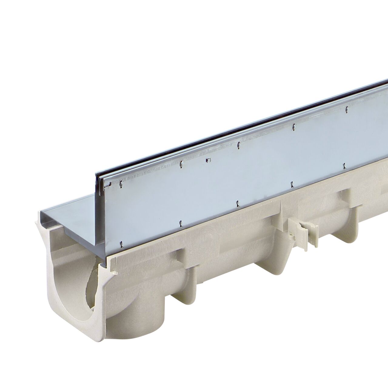 Close up view of the NDS Dura Slope 4 foot Slot Top Stainless Steel Channel Grate (NDS DS-SS-ST1000) and the male end of the Dura Slope Channel Drain (NDS DS-091)