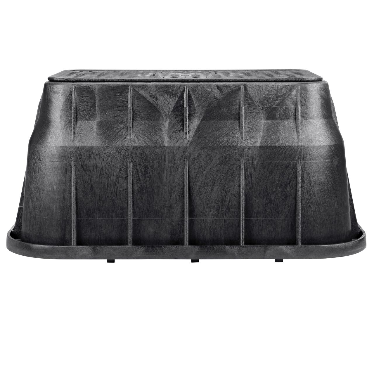 Side view of the longer length side of the NDS 13 in. x 24 in. Rectangular Pro-Spec® Series Valve Box & Irrigation Control Valve Cover (NDS 325BCBBLK) which is engineered for superior strength with structural reinforcing ribs