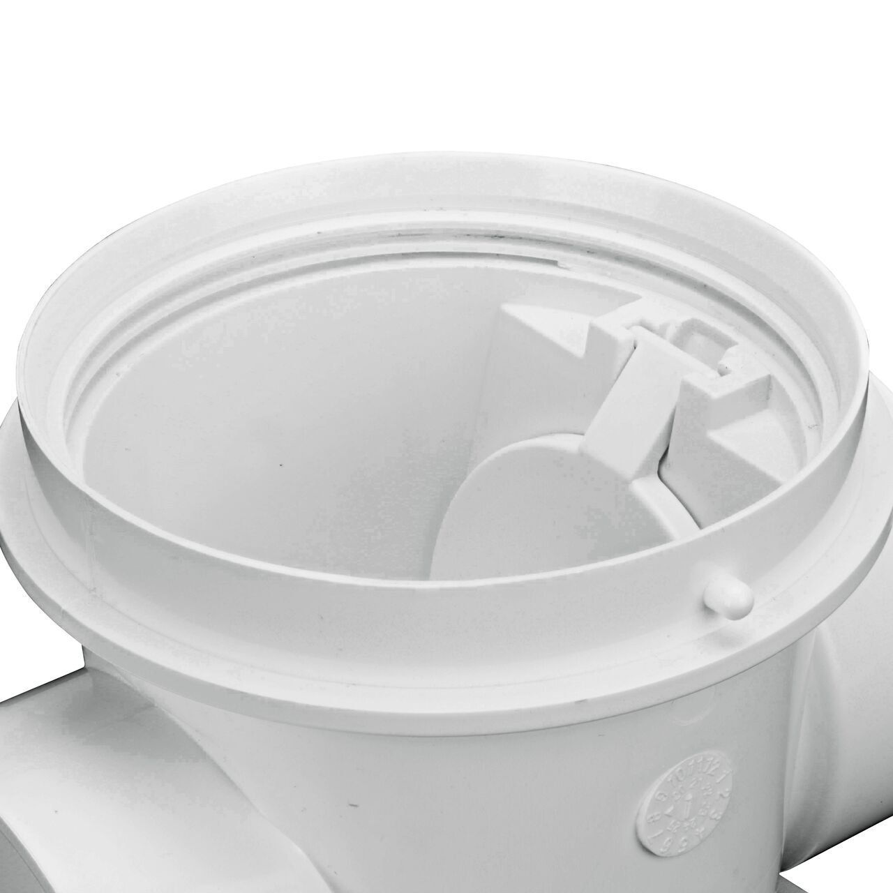 Closeup of the open top on the NDS White PVC 3 in. Backwater Valve (NDS 375P) that seals with the detachable threaded access cap