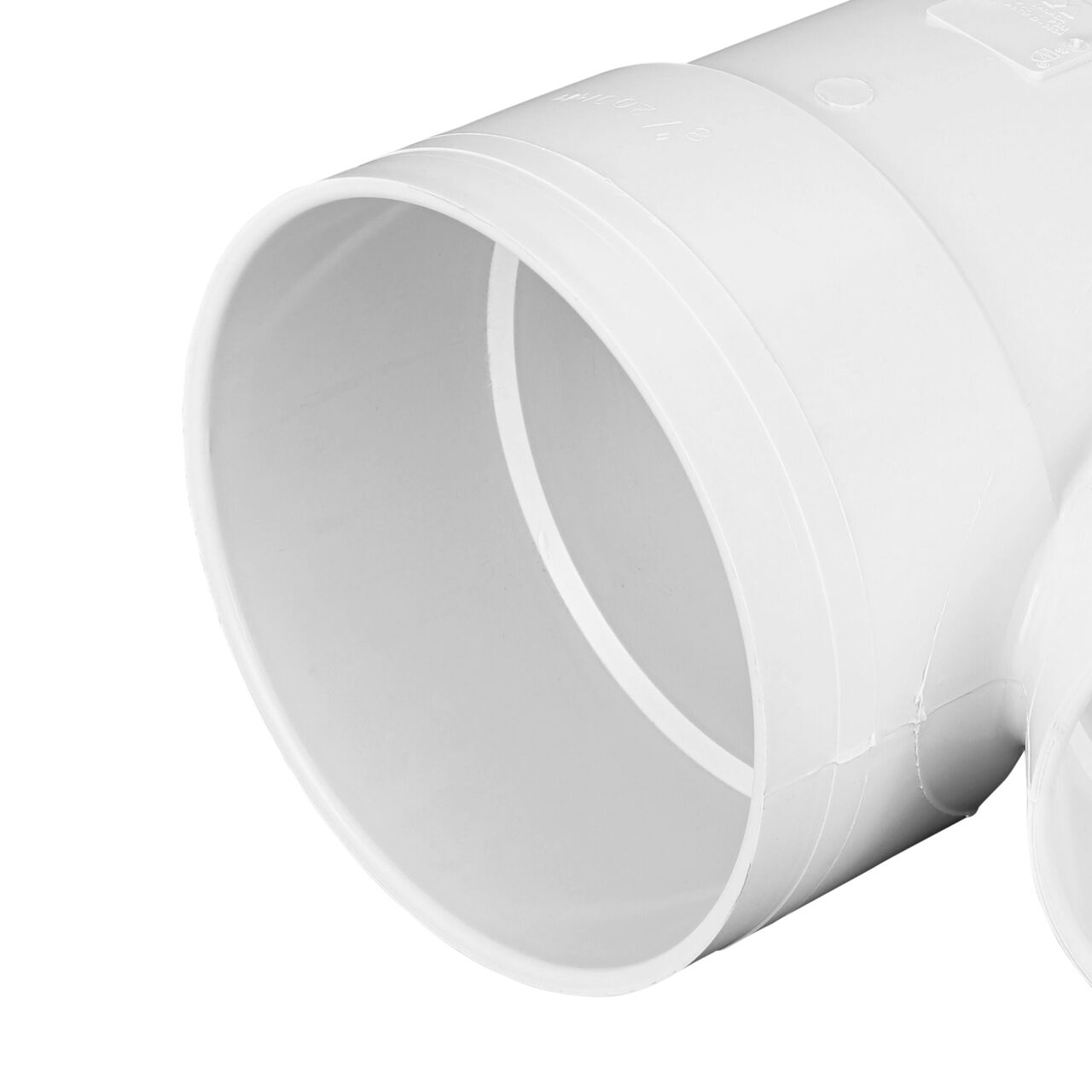 Closeup of the 8 in. hub connection on the NDS PVC 45 degree wye for 8 in. and 6 in. Sewer and Drain pipes, with 8 in. Hub X Hub X 6 in. Hub (NDS 86P08)