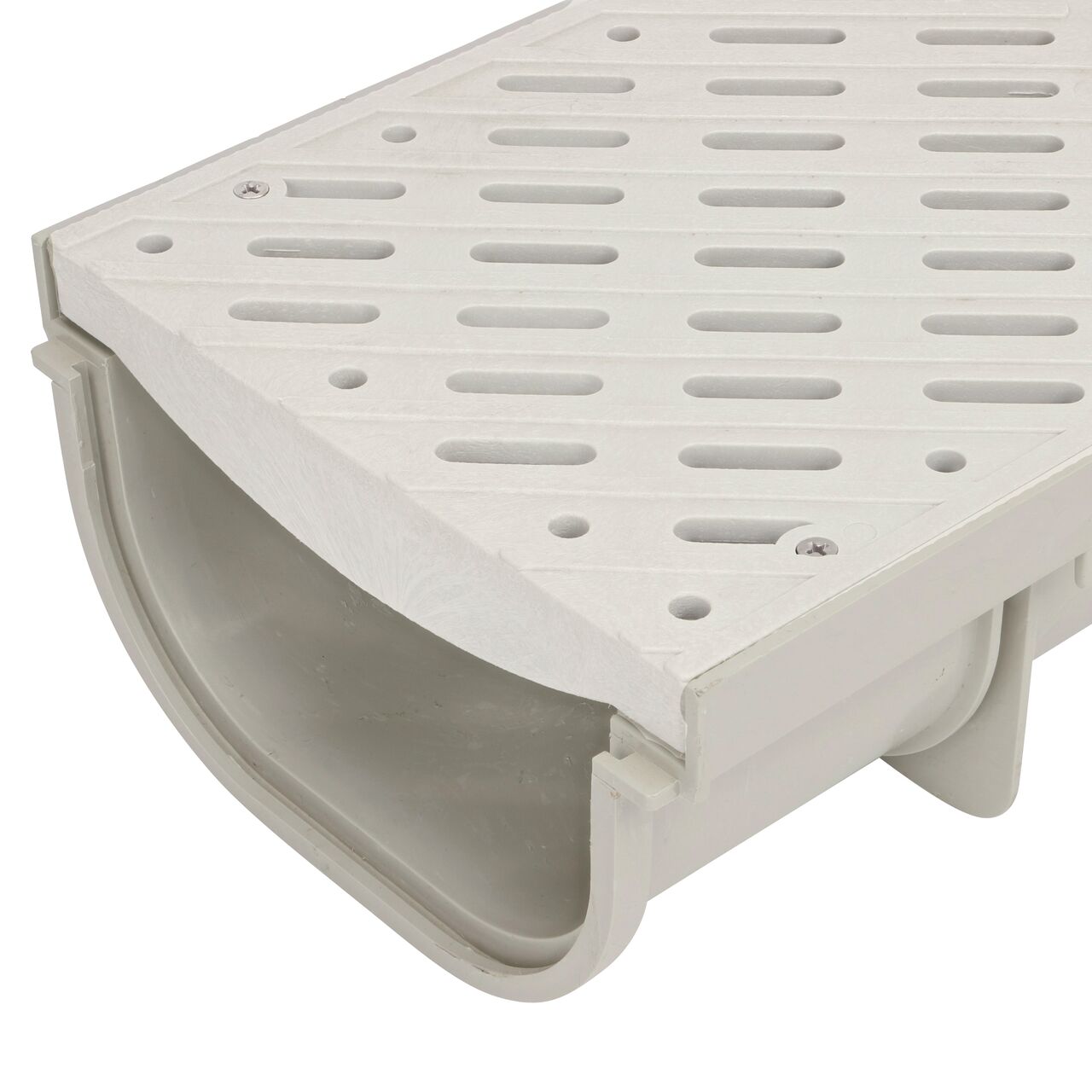 The 8 in. Pro Series Channel, Shallow Profile (NDS 830) has a grate seat for the 8 in. Pro Series Light Gray Pedestrian Channel Drain Grate (NDS 836)
