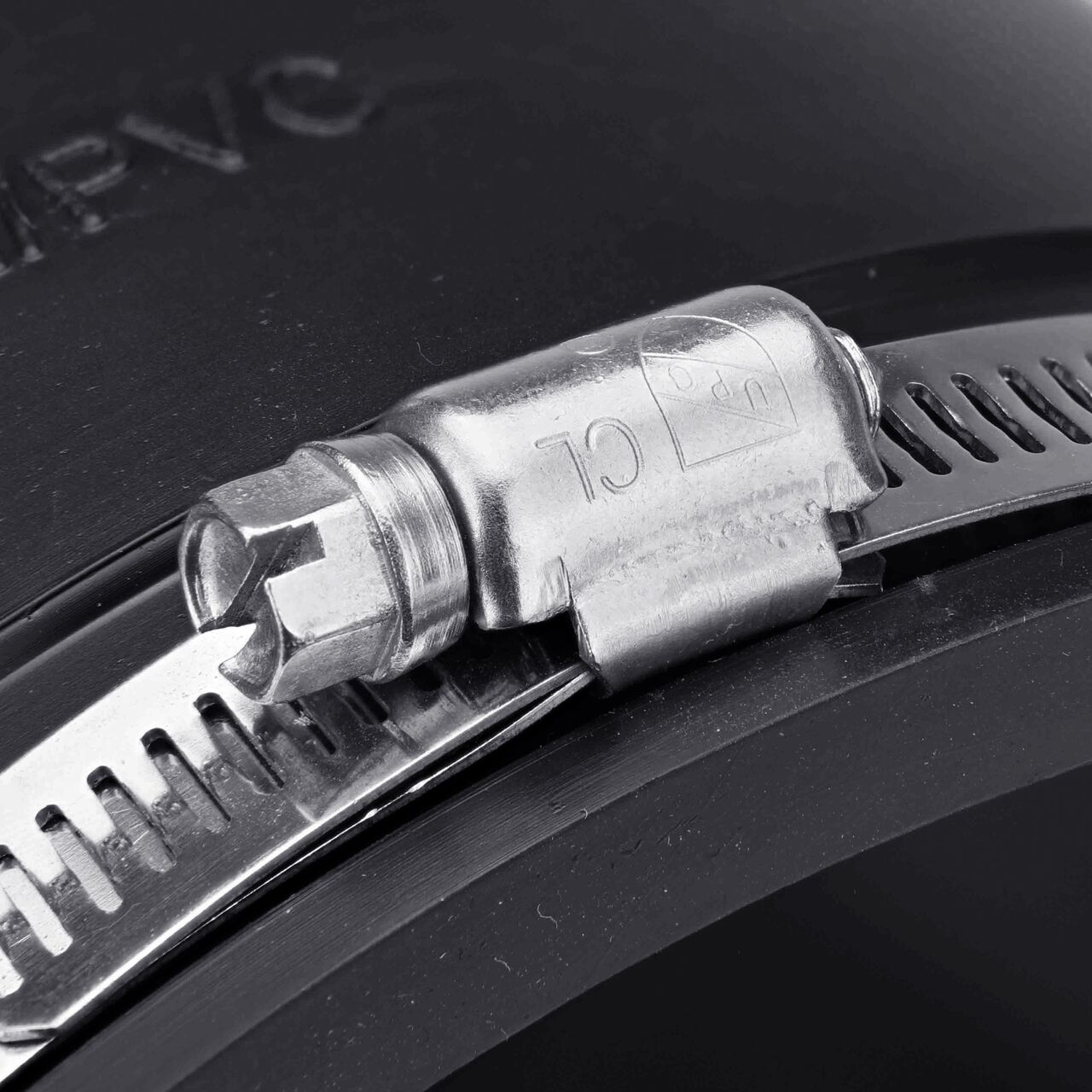 The clamps on the NDS 6 in. flex coupling for cast iron/sewer and drain or DWV/copper/steel/lead pipes can be tightened with screwdriver, 5/16 in. nut driver or socket to 60 inch-lbs. torque (NDS 56-66)