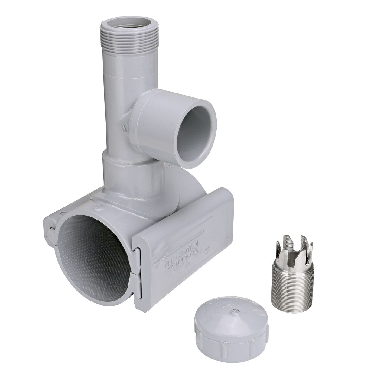 Unassembled view of the 3 in. NDS Flo-Tap™ Rigid PVC saddle with 1-1/2 in. socket or 2 in. spigot connection on top (NDS 3230) includes a patented wedge to secure on PVC pipe and built-in saw tooth cutter with cap at the top