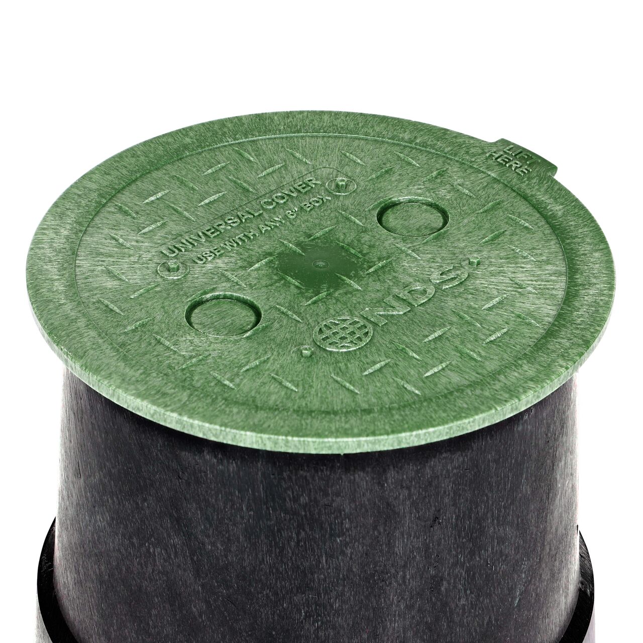 Closeup of the 6 in. Round SureFit Universal Valve Box Lid (NDS 6RND-UC) installed on a Carson valve box