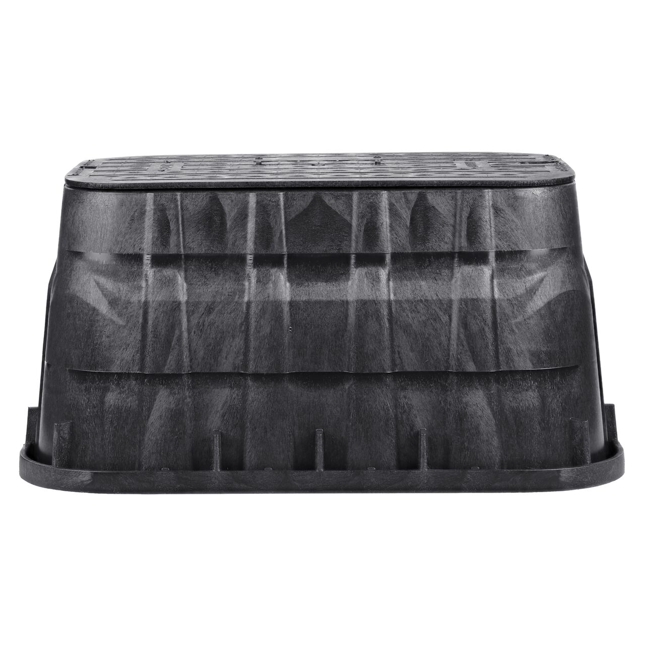 Side view of the longer length side of the NDS 13 in. X 20 in. Rectangular Pro-Spec® Series Valve Box & Water Cover (NDS 317BCBW) which is engineered for superior strength with structural reinforcing ribs