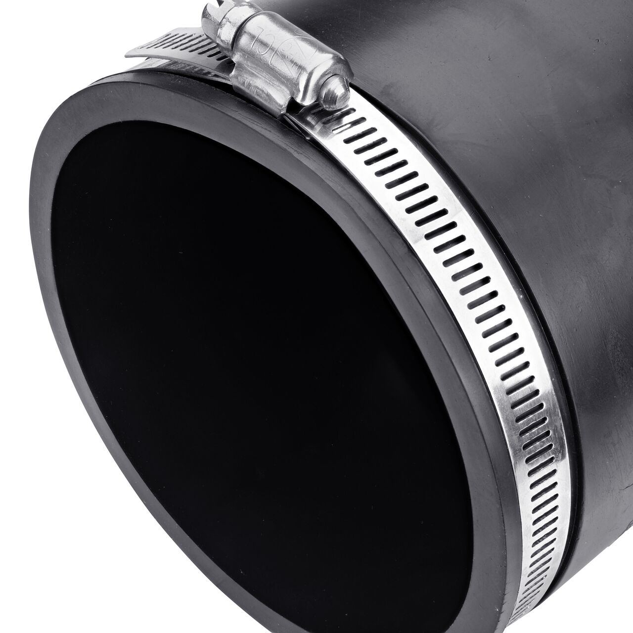 Closeup view of the large end on the NDS 4 in. X 3 in. flex eccentric coupling connects two slightly offset cast iron/sewer and drain or DWV/copper/steel/lead pipes (NDS 56-E43)