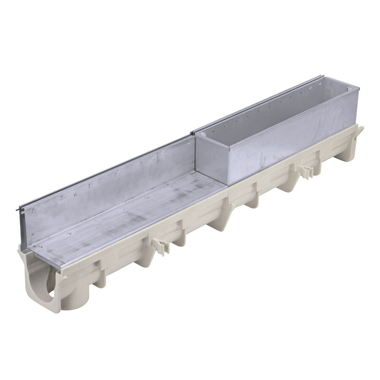 The NDS Dura Slope Channel Drain Slot Top Maintenance Unit (DS-SS-STMAINT) installed on a Dura Slope Channel Drain (NDS DS-091) with a NDS Dura Slope stainless steel slot top channel drain grate (NDS DS-SS-ST500) with the slot drain in the back