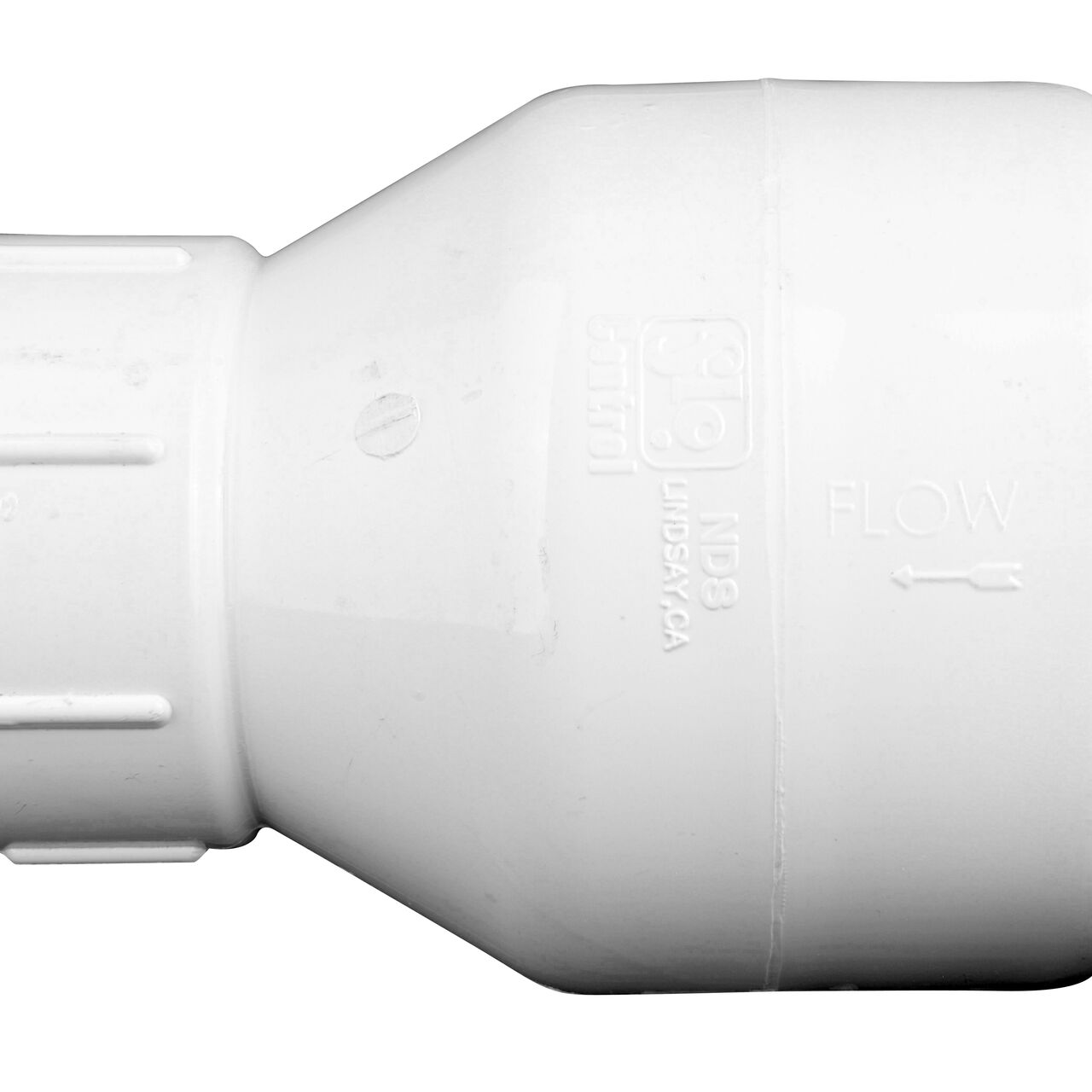 Closeup of the arrow showing water flow of the NDS 2 in. White PVC Spring Check Valve (NDS 1001-20, NDS 1002-20)